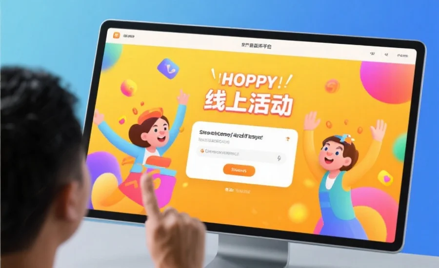 用户参与娱乐平台线上活动，屏幕上出现互动弹窗与欢快氛围