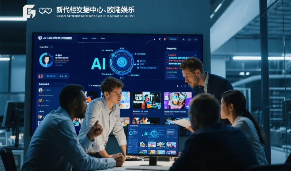 现代数据中心与欧陆娱乐的技术团队正在协作开发创新娱乐解决方案，屏幕上显示着AI算法和娱乐内容界面
